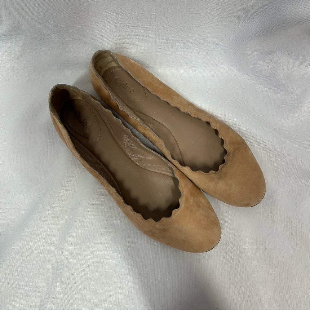 Chloé | Suede Nude Tan Flats Scalloped Women’s Size 39.5 - Picture 4 of 10